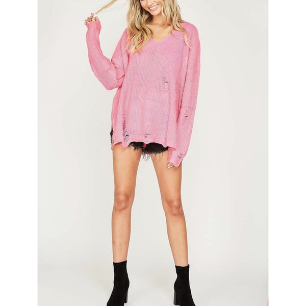 pretty in pink distressed sweater