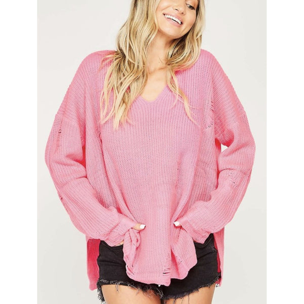 pretty in pink distressed sweater