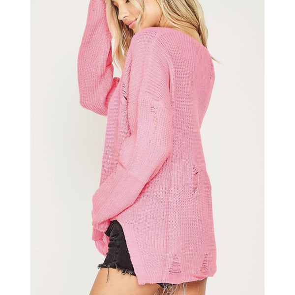 pretty in pink distressed sweater